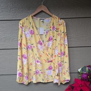 Pleione Yellow Floral Faux Wrap Blouse XL Nwt New